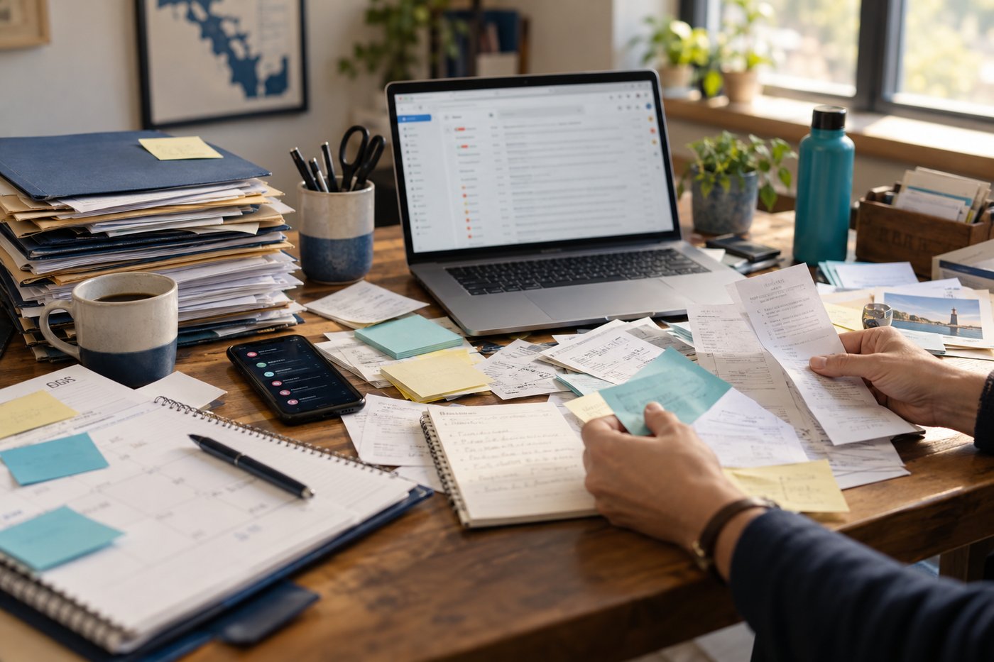 A desk covered with scattered notes, messages, documents, and unfinished business tasks